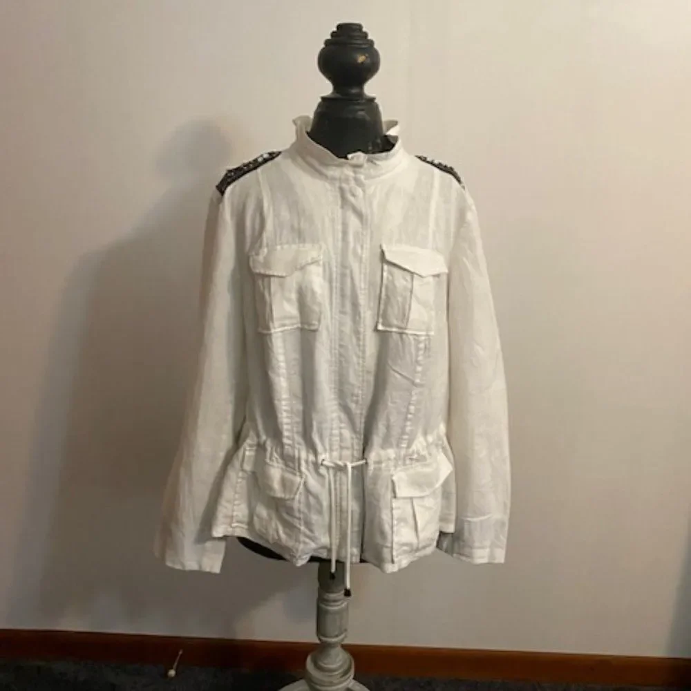 INC International Concept White, Blue embellished Linen jacket, size 1X